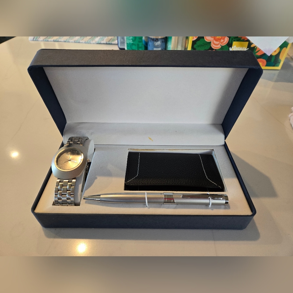 Michael Giordano Silver Watch, Pen, and Black Wallet Set